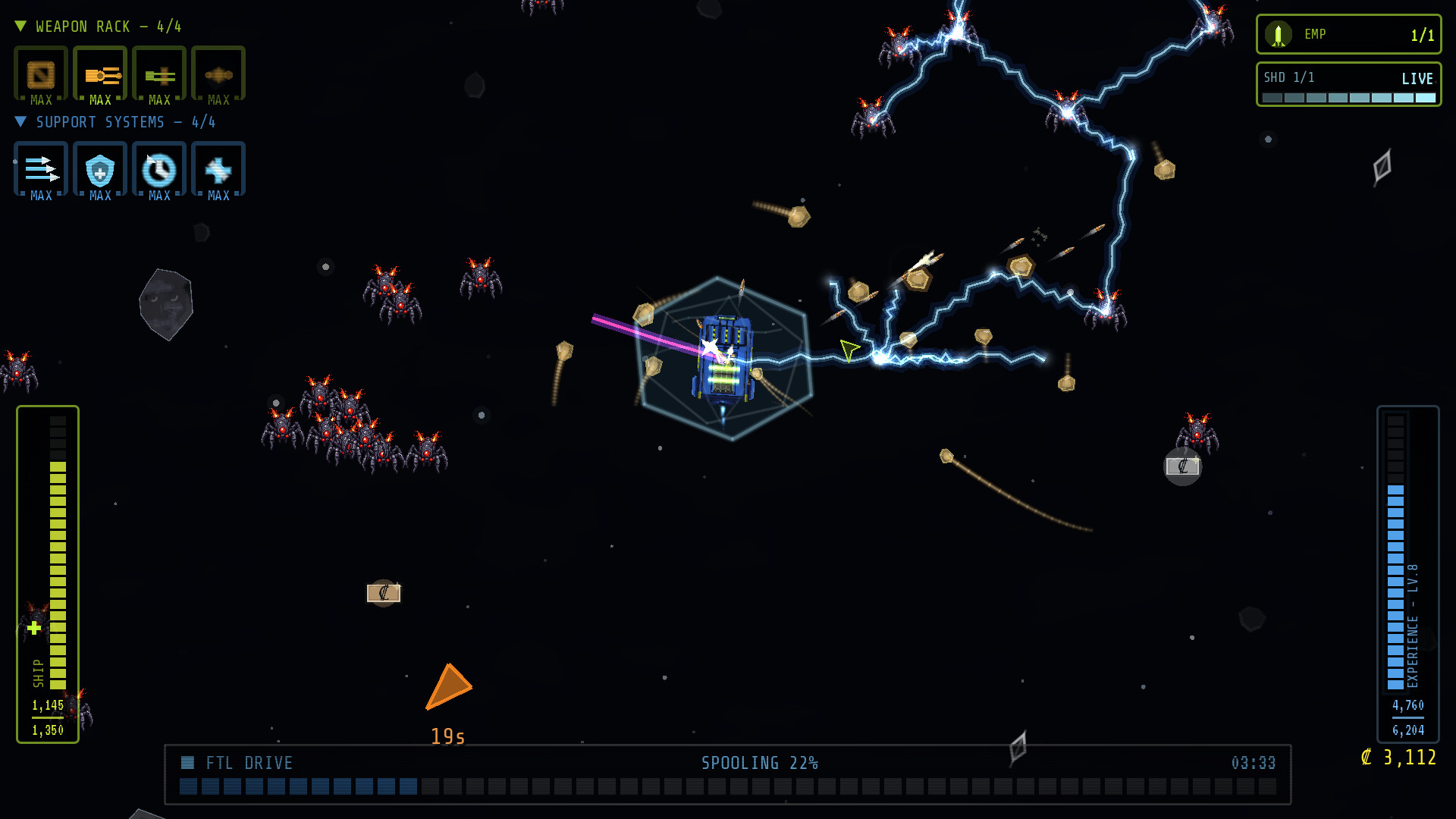 FOXFIRE gameplay &mdash; chain lightning evaporating a spider swarm