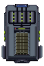 FOXFIRE Freighter hull sprite — a slab-sided armoured container hauler viewed top-down, the heaviest ship in the roster