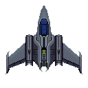 FOXFIRE Military hull sprite — the baseline all-rounder ship, an angular grey fighter with swept wings and twin rear thrusters